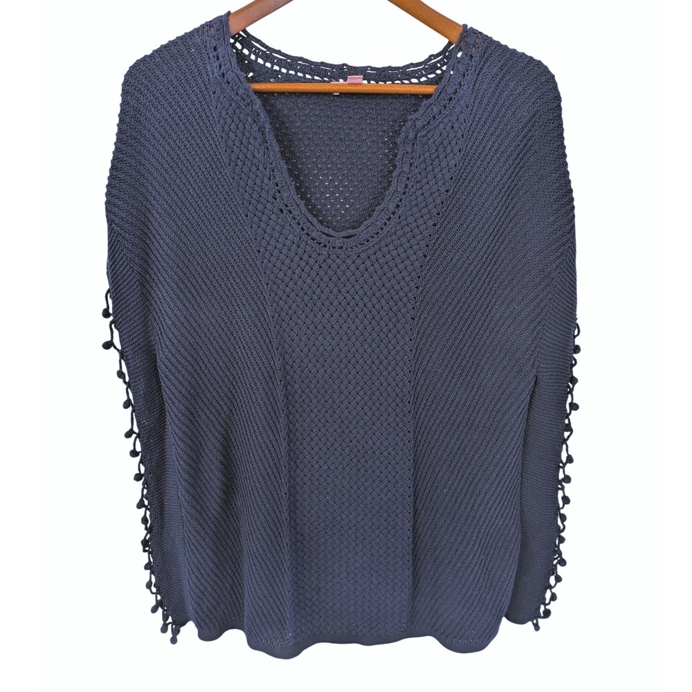 Lilly Pulitzer Keating‎ Crochet Sweater Cover Up Navy Blue Pom Pom Trim Womens S